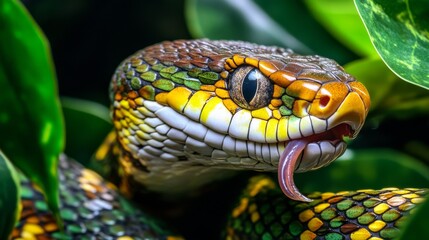 Fototapeta premium Vibrant close-up of a tropical snake with intricate scales in green, yellow, and brown hues. The snake's tongue flicks out as it peers through lush jungle leaves, creating an exotic wildlife shot.. AI