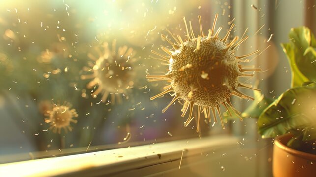 Virus suspended in air inside a house, with blurred background showing a warm, homely atmosphere.