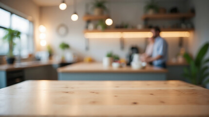 Empty countertop in the foreground, with a blurred kitchen and dishes in the background