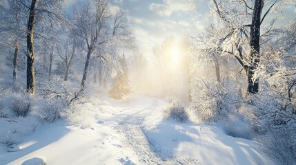 Obraz premium A serene winter landscape with snow-covered trees and a glowing sun.