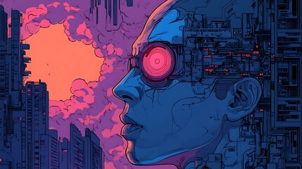 Cyberpunk android profile, futuristic city backdrop. (1)