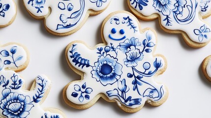 A festive gingerbread-shaped cookie with intricate blue floral patterns and simple blue icing details
