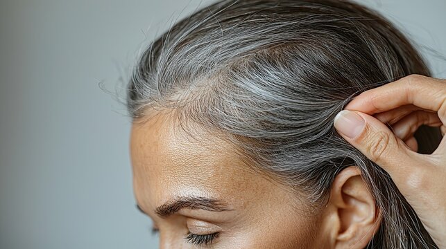 Woman showing gray hair roots growing from scalp