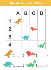 Grid References Worksheet for Kids. Write the coordinates of each picture. Locating Objects on a Grid Activity Sheet. Education game for children with cute dino illustration. Puzzle Game. © G.rena