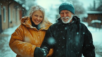 joyful elderly couple of different ethnic backgrounds hand in hand in snowy streets: a heartwarming poster for winter-themed decor and sports interiors