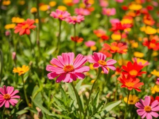 Vibrant daffodil flowers blooming in a lush green field under the bright sun, sunny day, picturesque