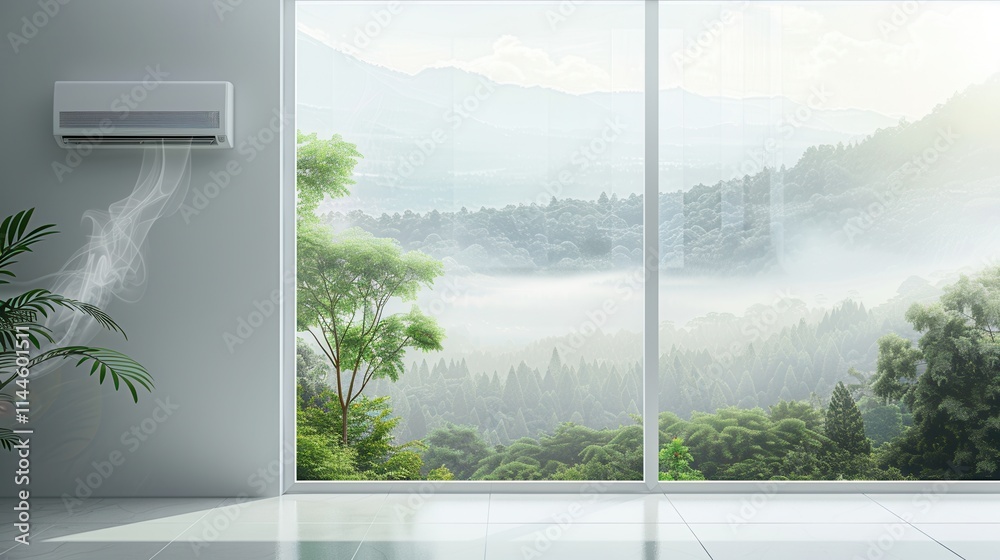 Aufkleber Air conditioning unit installed on wall with open window showcasing beautiful misty landscape view. Generative AI