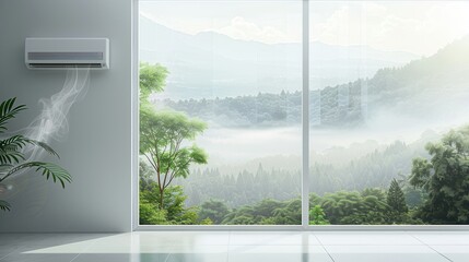 Air conditioning unit installed on wall with open window showcasing beautiful misty landscape view....