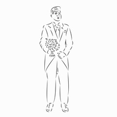 One continuous single drawing line art flat doodle man, flower, gift, celebration, romantic. Isolated image hand draw contour on a white background
