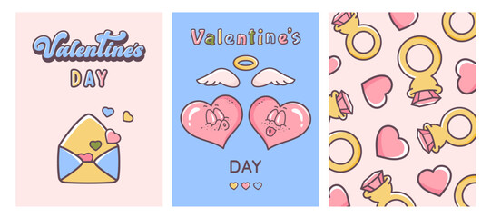 Fototapeta premium Valentine's day. Retro groovy posters. Valentine hearts with cupid wings, ring wedding pattern, love message. Valentine typography in vintage style. Funny cute characters. Vector flat illustration