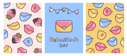 Set of Valentine's day cards. Kissing lips, strawberry, love message, colour light with bells. Valentine elements. Doodle hand drawn illustration for party, holiday design template. Vector