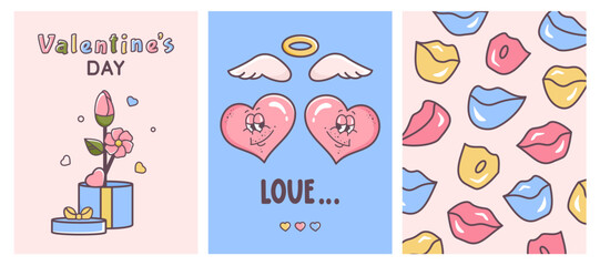 Valentine cards set. LGBT love couples. Homosexual love. Retro valentine posters in 60s 70s style. Groovy cartoon hearts,  flower in giftbox, kiss pattern. Kissing lips background. Vector illustration