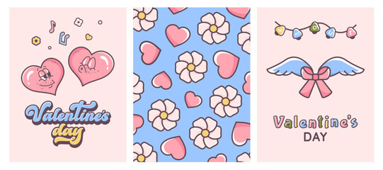 Set of valentine posters. LGBT love couples. Couple of cartoon hearts, cupid wings, valentine text. Romantic background. Valentine party, funny groovy characters, festive pattern. Vector illustration