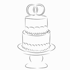 One continuous single drawing line art flat doodle cake, dessert, wedding, flower, sweet. Isolated flat illustration hand draw contour on a white background
