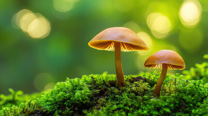 Fototapeta premium close-up of two orange mushrooms growing on vibrant green moss in a forest. The blurred background with glowing bokeh creates a serene and magical atmosphere, perfect for nature and forest themes
