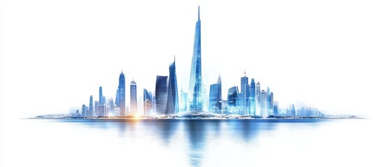 Fototapeta premium Futuristic skyline reflecting on calm waters.