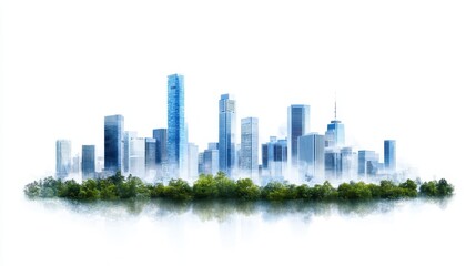 Fototapeta premium Modern city skyline with lush greenery foreground.