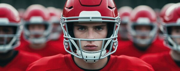 American Football Player in Red Jersey and Helmet, Ready for the Game