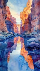 red rock canyon walls reflected in a tranquil flowing stream set amid rugged arid desert terrain   a serene and picturesque natural landscape full of geological wonder and beauty