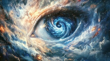 Fototapeta premium A surreal vision of a cosmic eye formed by swirling galaxies, vivid star clusters, and glowing celestial elements, blending fantasy with science fiction.. AI Generation. AI Generation