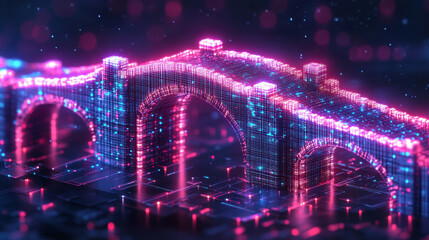 glowing digital bridge made of neon lights and data blocks