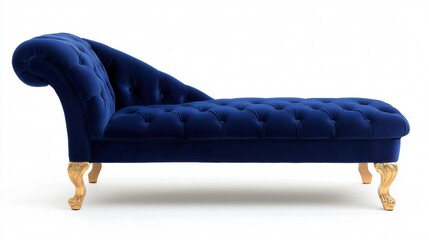 A luxurious blue velvet chaise lounge with tufted upholstery and ornate golden legs, exuding elegance and comfort.