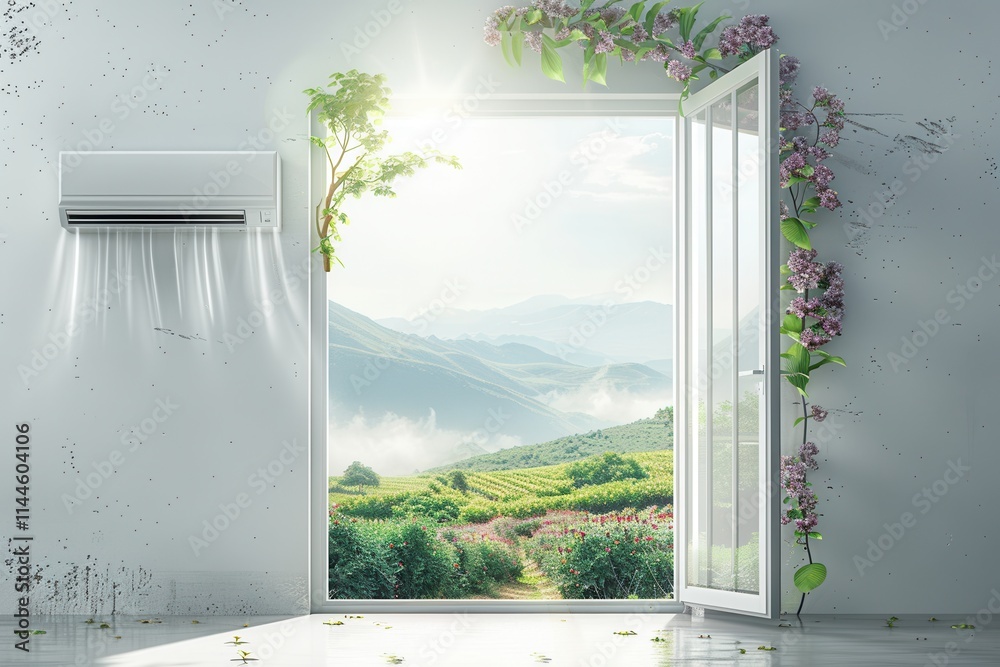 Poster Wall mounted air conditioner helps cool a room with open window and scenic view of mountains and greenery during the day. Generative AI