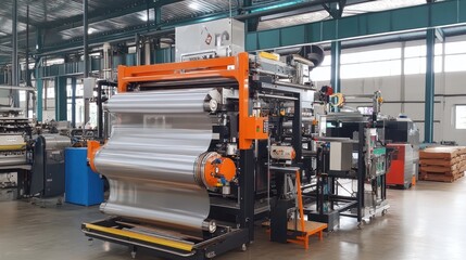 Close up of LDPE blown film extrusion plastic bag making machine with air ring part. Ai generated image