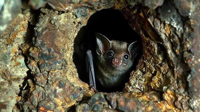 Emerging from its daytime sanctuary, a small bat peeks out from a hollow in a rough barked tree, showcasing its delicate features and nocturnal nature
