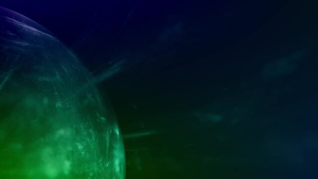 futuristisches gr&uuml;n leuchtendes Plasma im Weltall, Gasplanet, r&auml;umlich, 3D, Tiefenunsch&auml;rfe, Hintergrund, Technologie, Wissenschaft, ruhig
