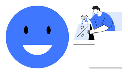 Blue happy face and a person holding shopping bags with a percentage sign. Ideal for retail, customer satisfaction, discounts, sales, marketing, e-commerce, promotions. Line metaphor