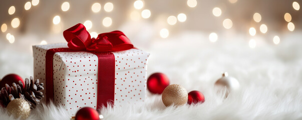 Obraz premium Christmas background with a white gift box, red ribbon, and bokeh lights
