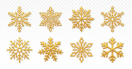 Gold Snowflakes set. Sparkling golden snowflakes with glitter texture isolated on transparent background. Merry Christmas and happy new year greeting card design element. Vector illustration.