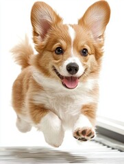 Joyful corgi puppy playing indoor studio pet photography bright environment close-up view happiness concept