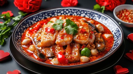 Fototapeta premium Delicious spicy fish dish garnished with herbs and vibrant colors
