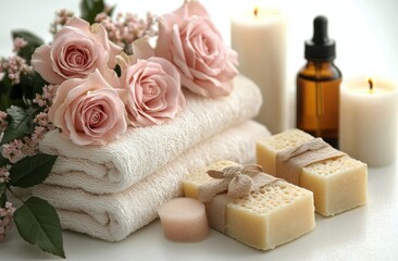 Relaxing spa setup with roses, candles, and natural skincare products creating a soothing ambiance for self-care