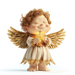 Cute angelic character holding star, with curly hair and golden wings, dressed in light gown. Perfect for festive themes and holiday decorations