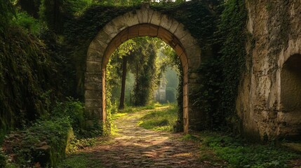 Fototapeta premium Ancient Stone Archway Through Lush Forest