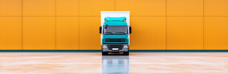 blue delivery truck parked in front of orange wall, showcasing modern design