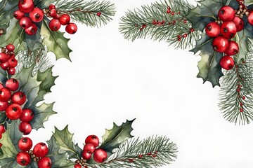 Christmas greenery fir branches frame featuring holly berries and with lush leaves, xmas, border, artistic style decor, watercolor Illustratio on a clear white background, copy space, card, invitation