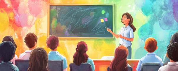 teacher enthusiastically explains concept to engaged students in bright, colorful classroom, fostering positive and creative learning environment