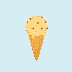 Ice cream in yellow cone with chocolate love topping, dessert, sweet street food for poster and web icon