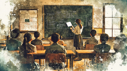 teacher passionately explains lesson to attentive students in vintage style classroom, with chalkboard and natural light streaming through window, evoking nostalgic atmosphere