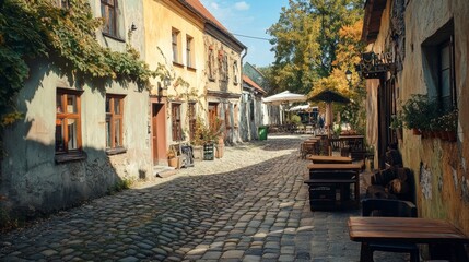 Charming European Alleyway with Cobblestone Street and Outdoor Cafe