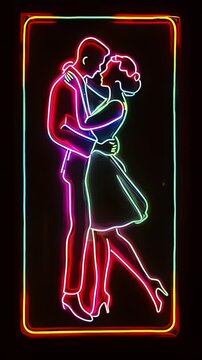 Video loop of neon sign in shape of couple of lovers dancing