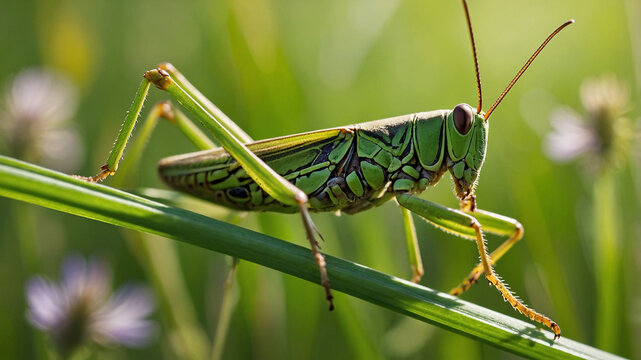 A close-up shot of a vibrant green grasshopper perched on a leaf
