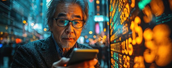 Businessman using smartphone with stock market data in vibrant cityscape