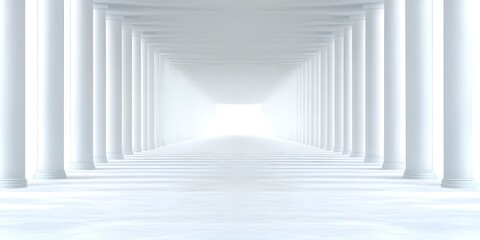 Fototapeta premium A bright, spacious hallway lined with white columns, leading to a luminous light at the end. Concept Bright Hallway Design, Architectural Elements, Natural Lighting, Color Palette Trends