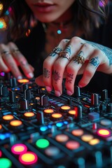 Close-Up of Hands Using a Colorful DJ Mixer Control Panel