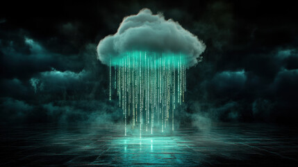 Cloud computing visualized binary code rain digital art dark environment futuristic concept